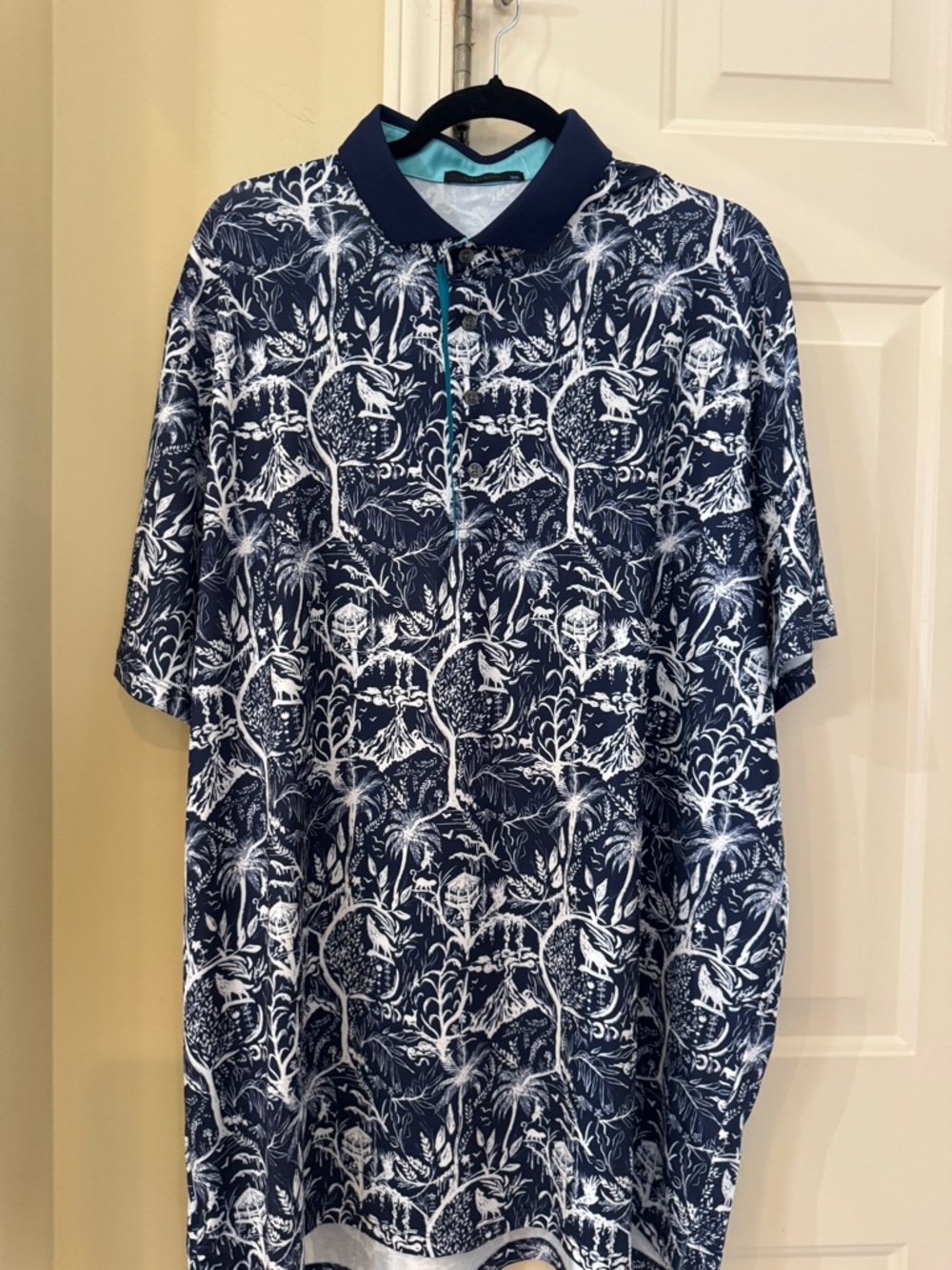 Greyson Men's Navy and White Printed Polo Shirt. XXL
